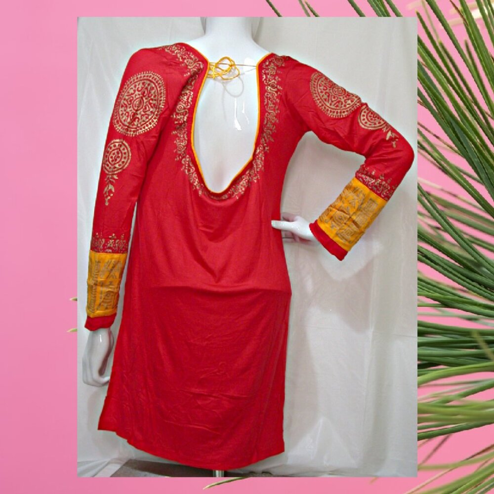 RED Boho Tunic Long Sleeve Kurti Large